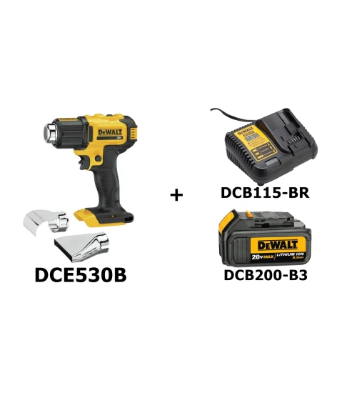 COMBO SOPRADOR TÉRMICO + BATERIA + CARREGADOR - DEWALT DCE530B + DCB115-BR + DCB200-B3